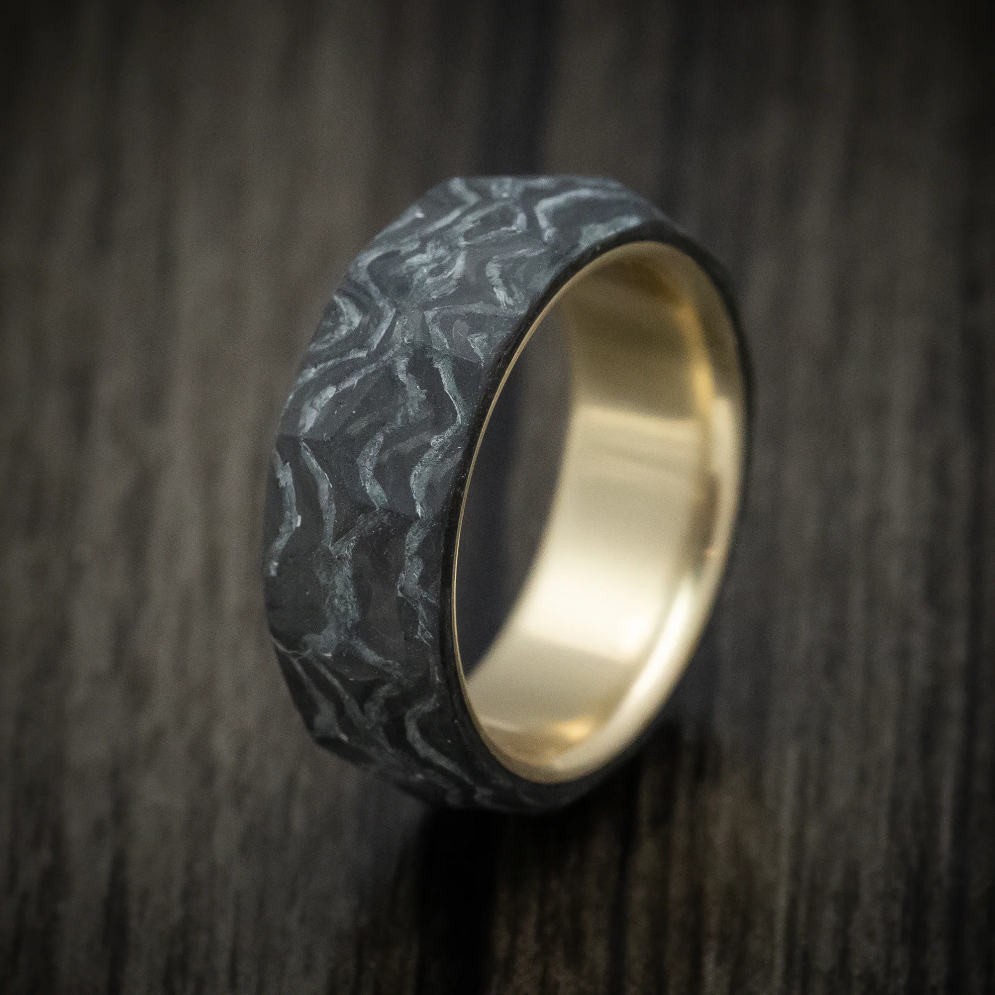 Two-Tone Marbled and Faceted Carbon Fiber Men's Ring with Brass Sleeve Custom Made Band - Image 4