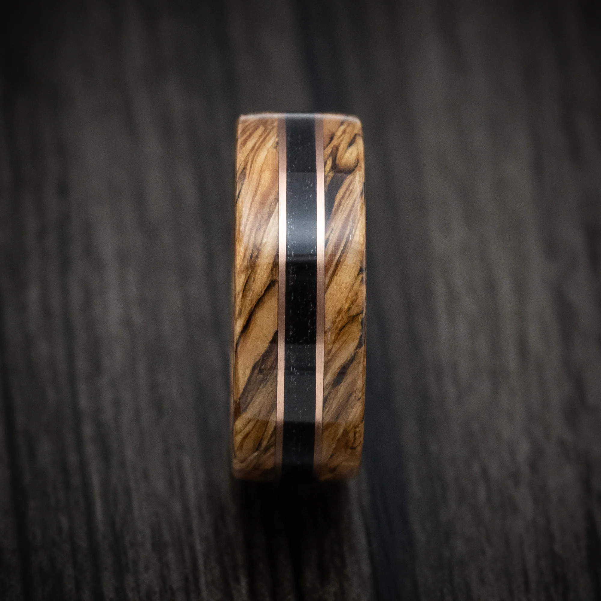 Whiskey Barrel Wood and Ebony Wood Marbled Wood Men's Ring with Rose Gold Inlay Custom Made Band - Image 3