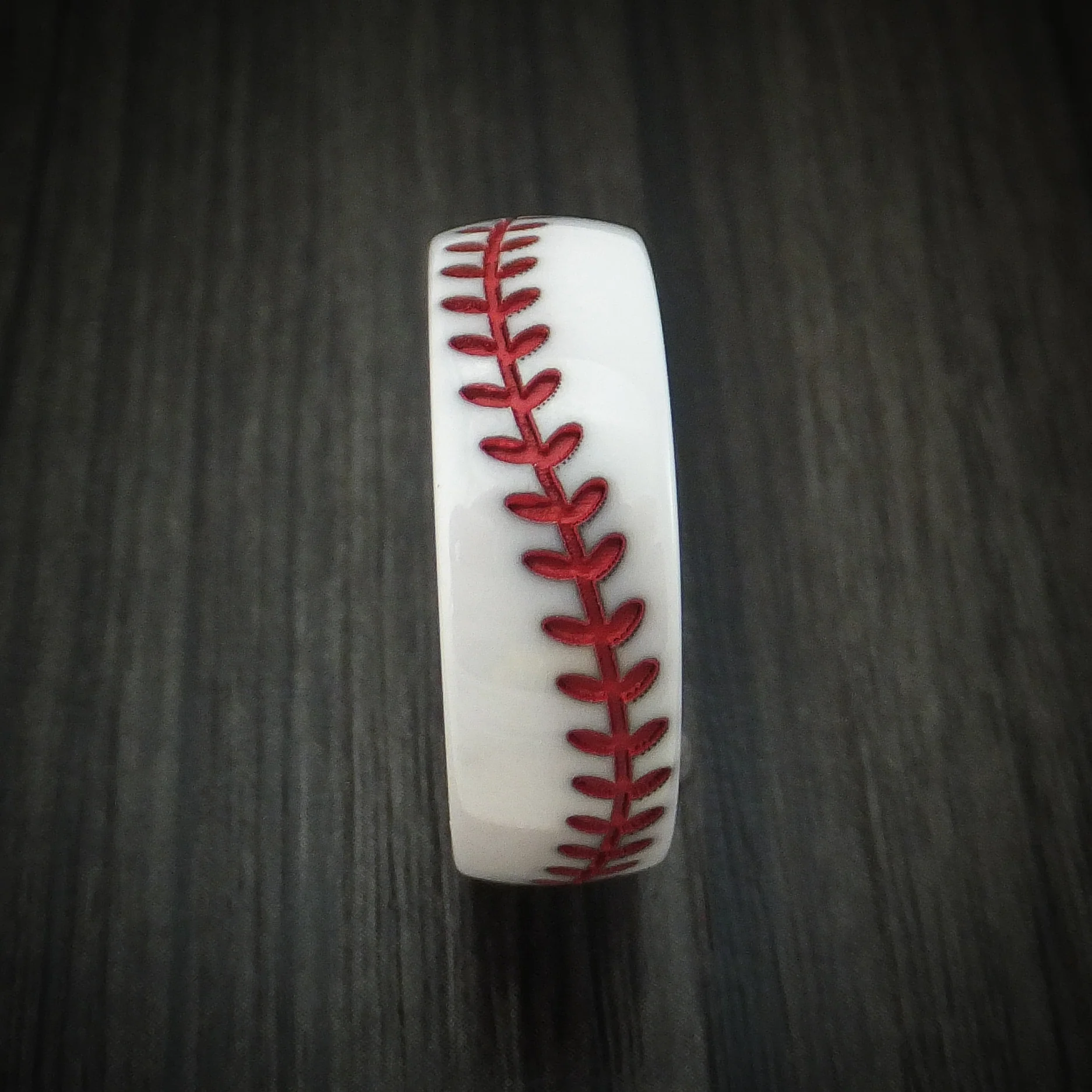 White Ceramic Men's Ring with Baseball Stitching and Cerakote Inlay Custom Made Band - Image 3