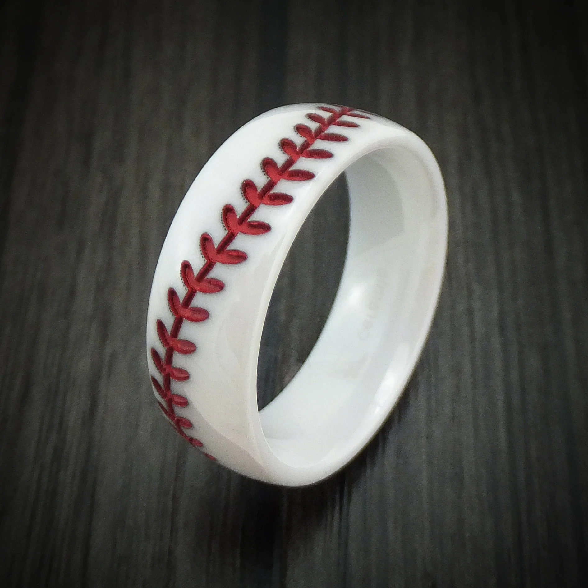 White Ceramic Men's Ring with Baseball Stitching and Cerakote Inlay Custom Made Band - Image 4