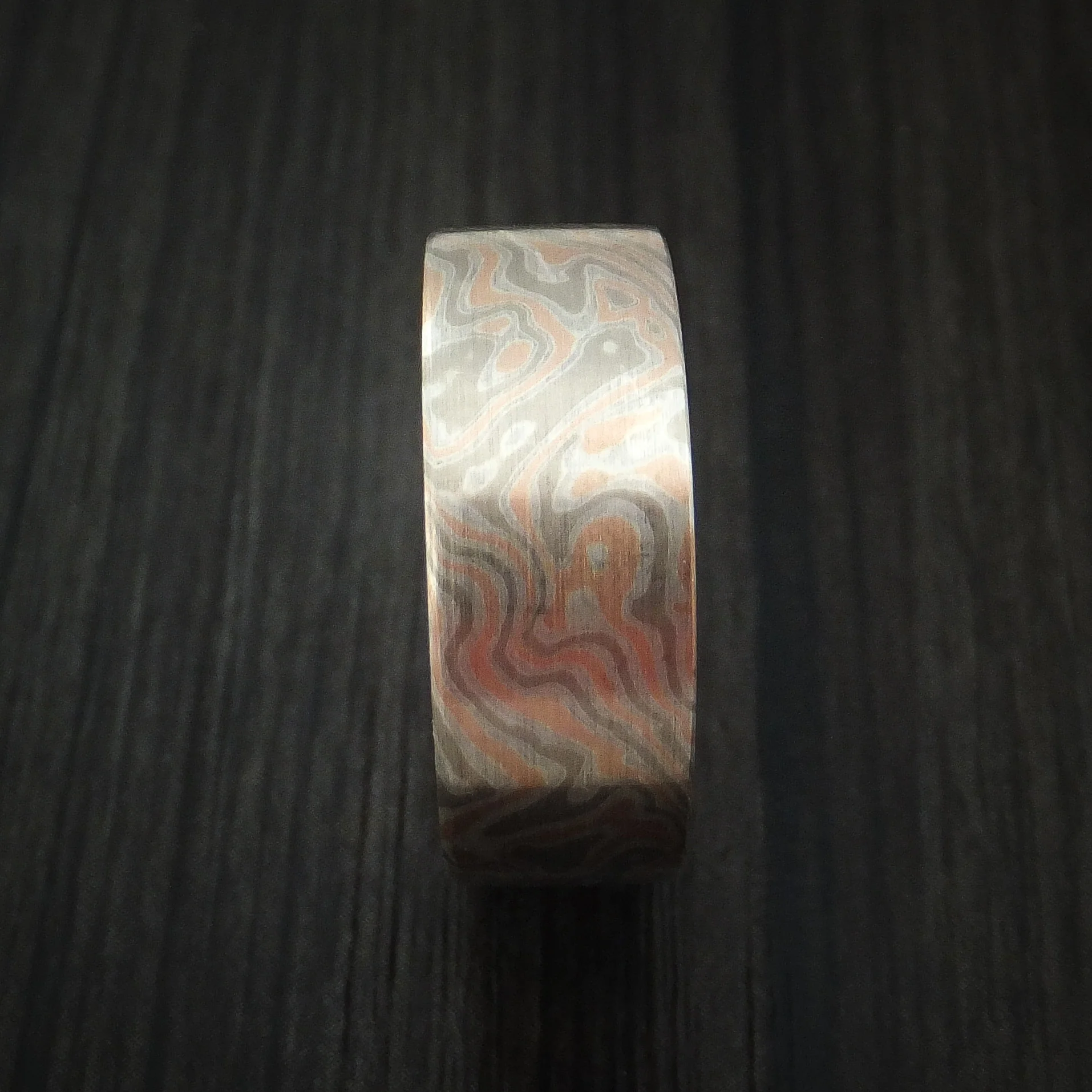 White Gold, Silver and Rose Gold Mokume Men's Ring Custom Made Band - Image 3