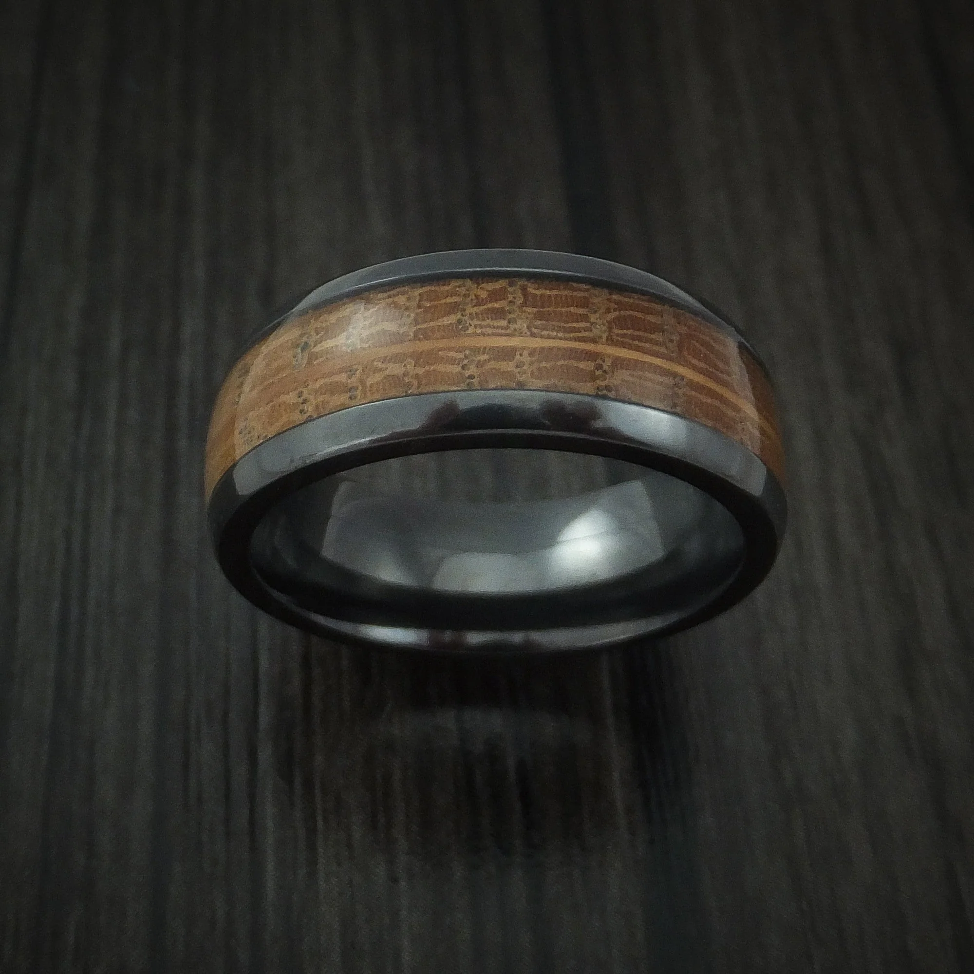 Black Titanium or Black Zirconium Custom Men's Ring inlaid with Whiskey Barrel Wood - Image 2