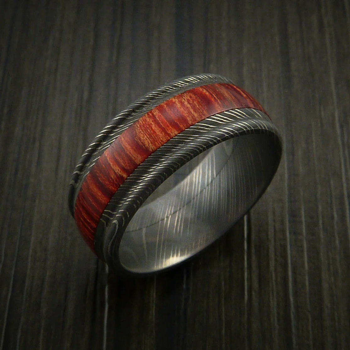 Wood Men's Ring and Damascus Men's Ring inlaid with Hardwood Custom Made - Image 4