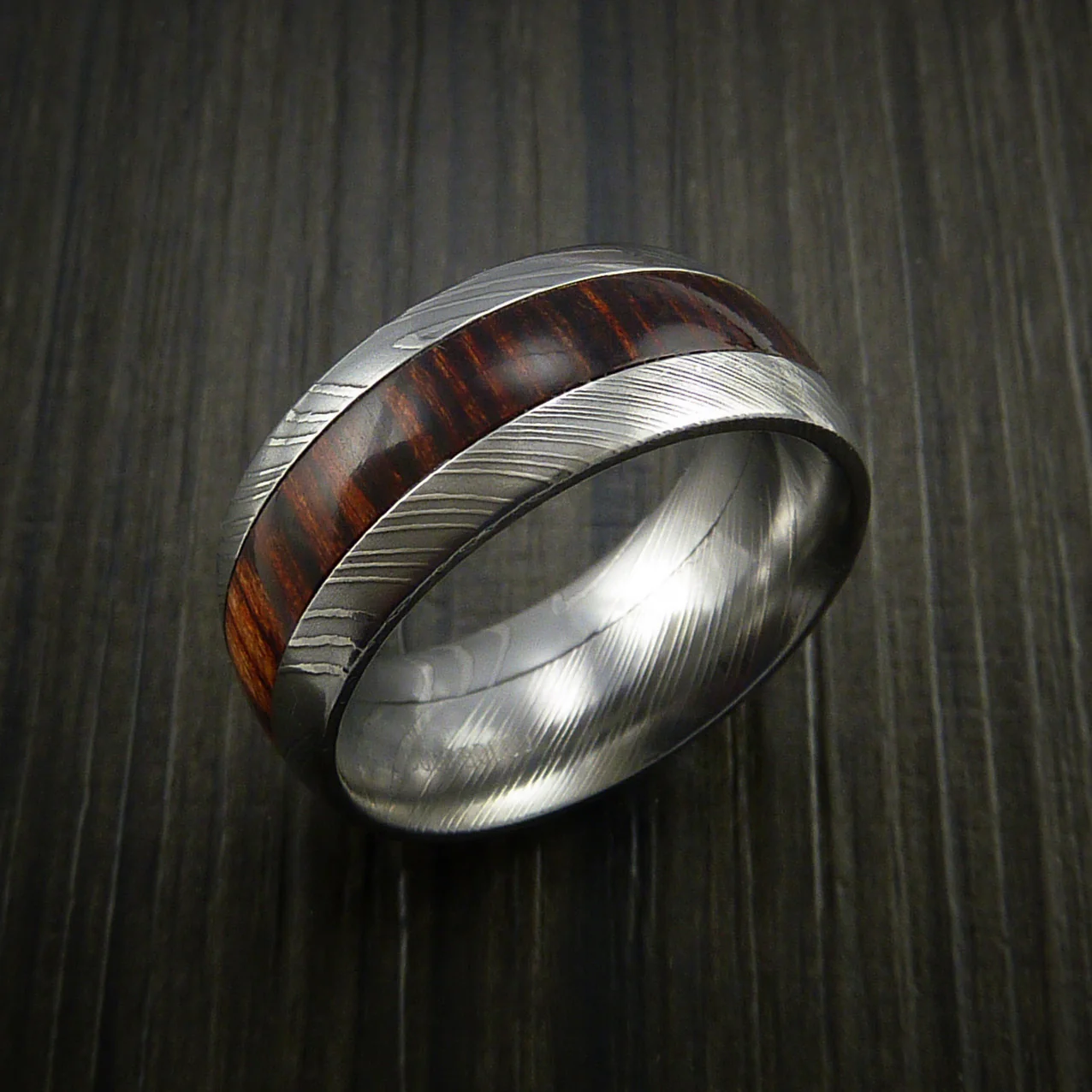 Wood Men's Ring and Damascus Men's Ring inlaid with Hardwood Inlay Custom Made - Image 4
