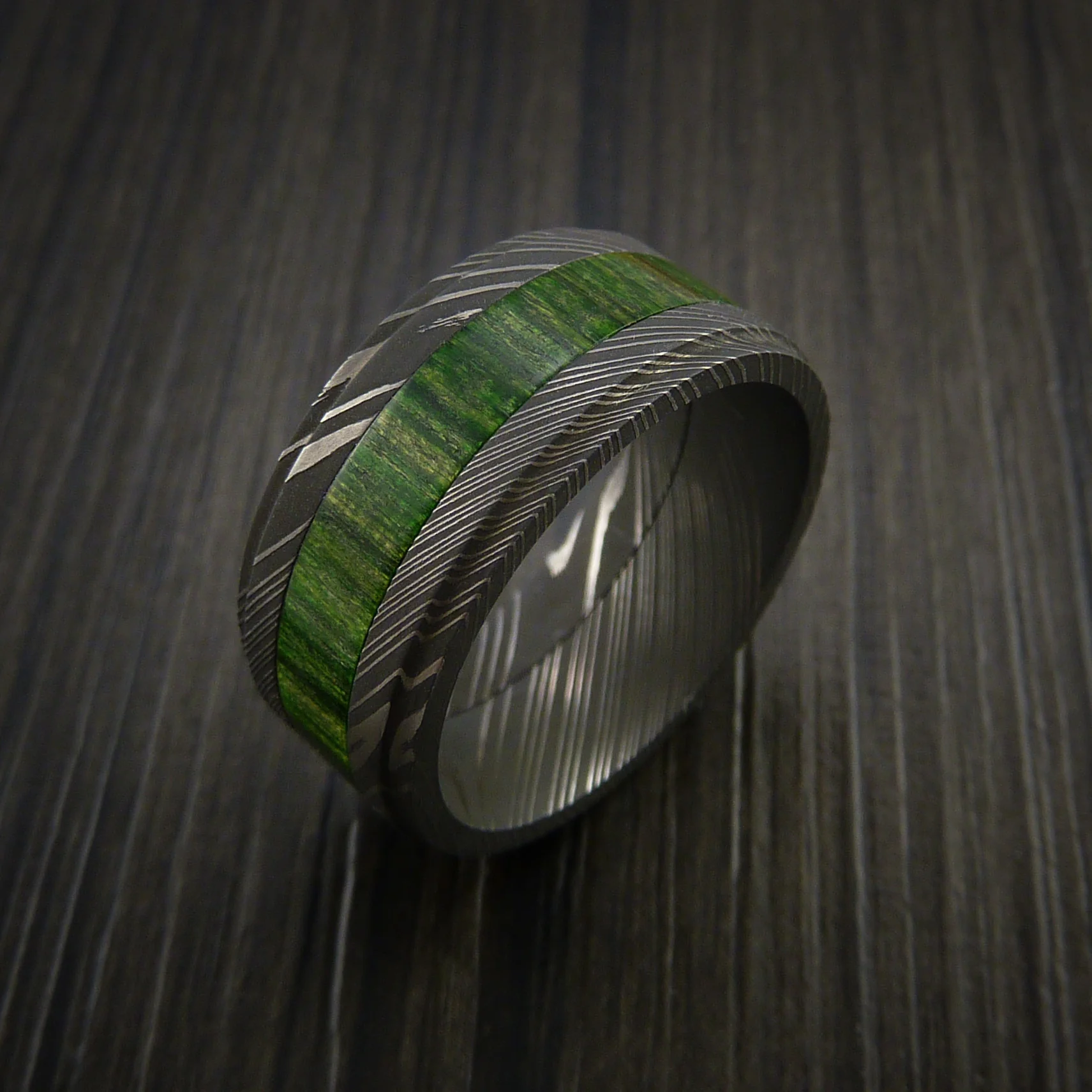 Damascus Steel Men's Ring with Wood Inlay Custom Made Wedding Band - Image 3