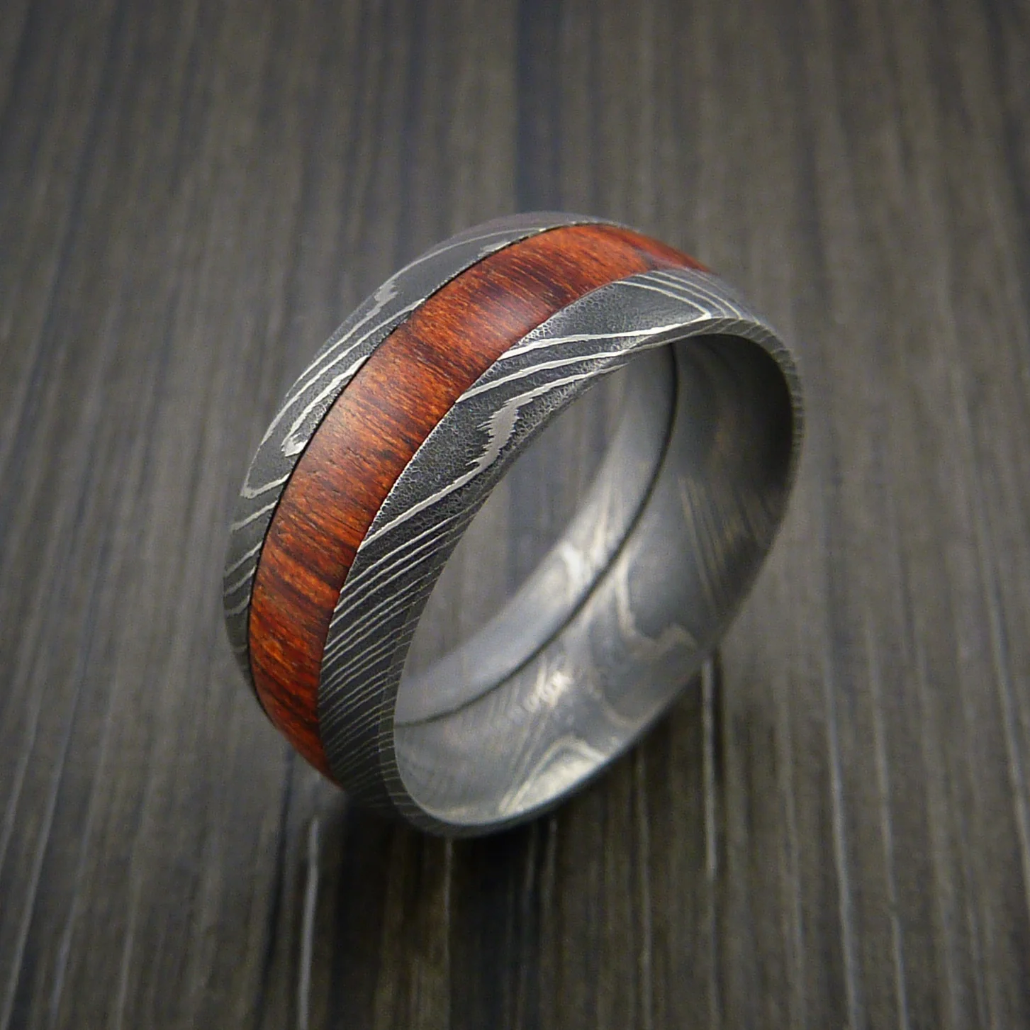 Damascus Steel Men's Ring with Wood Inlay Custom Made Wedding Band - Image 4
