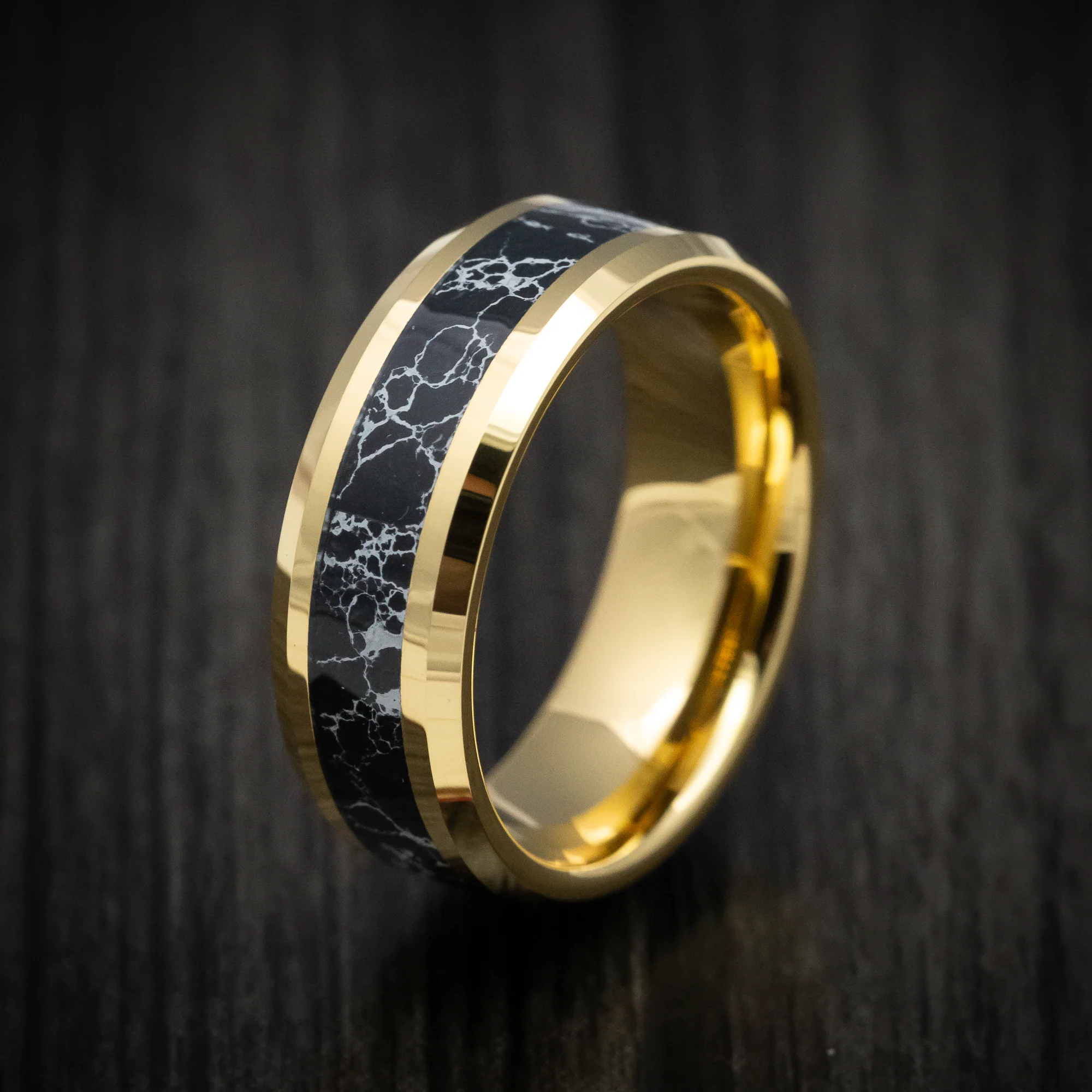 Golden Tungsten Men's Ring with Black Turquoise Inlay - Image 3